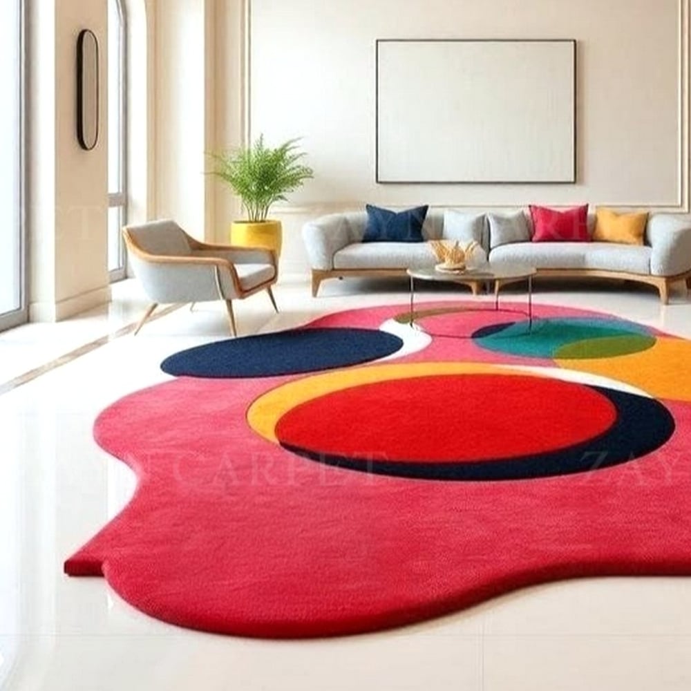 Handcrafted Red Circle Abstract Living Room Rug